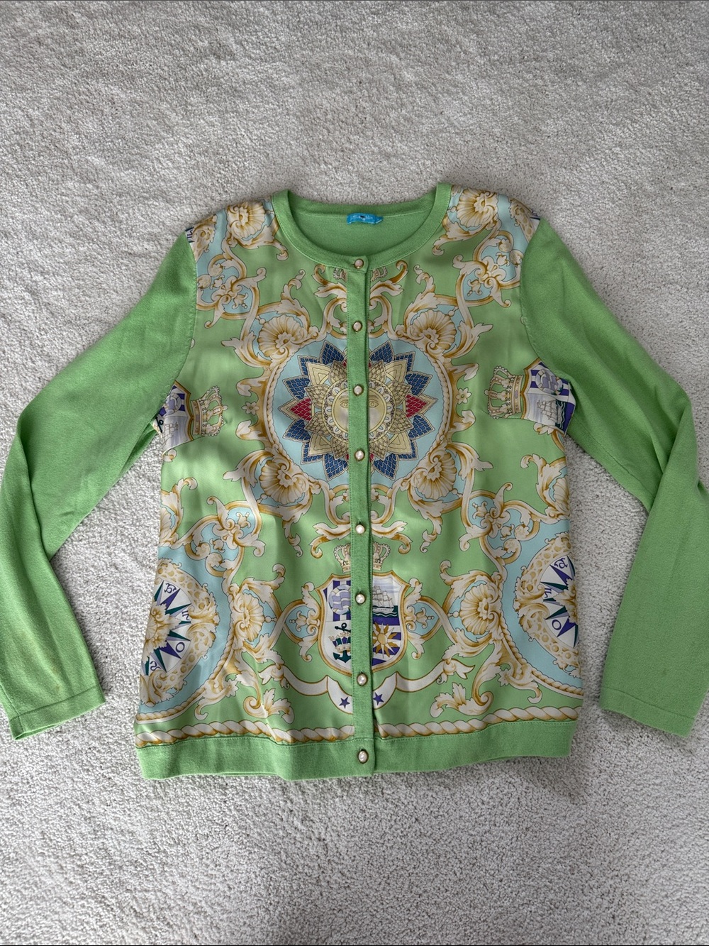 J. McLaughlin Light Green Silk Printed Button-Front Cardigan